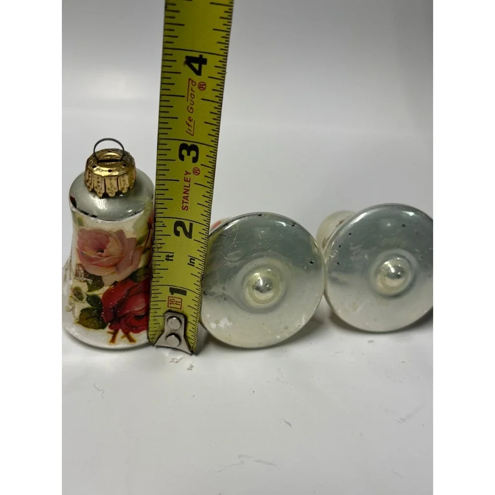 Vintage Mercury Glass Bell Christmas Ornaments Floral Rose Gold Glitter Set of 3